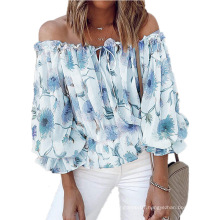 Summer new arrivals wholesale women high quality fashionable sexy floral print top womens off shoulder ruffled chiffon t shirts